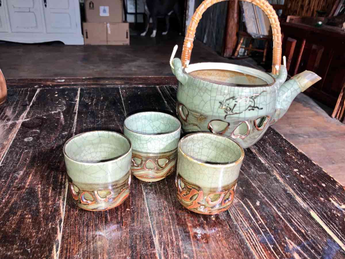Vintage Japanese Somayaki Somamare 3 Tea Set Green Crackle G - Silsbee, Texas - FleaMarketBay
