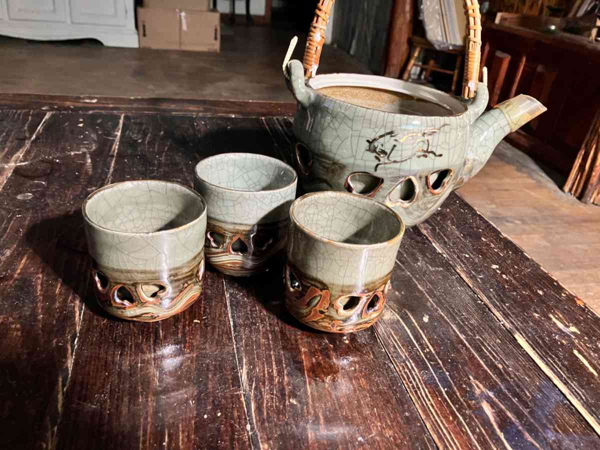 Vintage Japanese Somayaki Somamare 3 Tea Set Green Crackle G - Silsbee, Texas