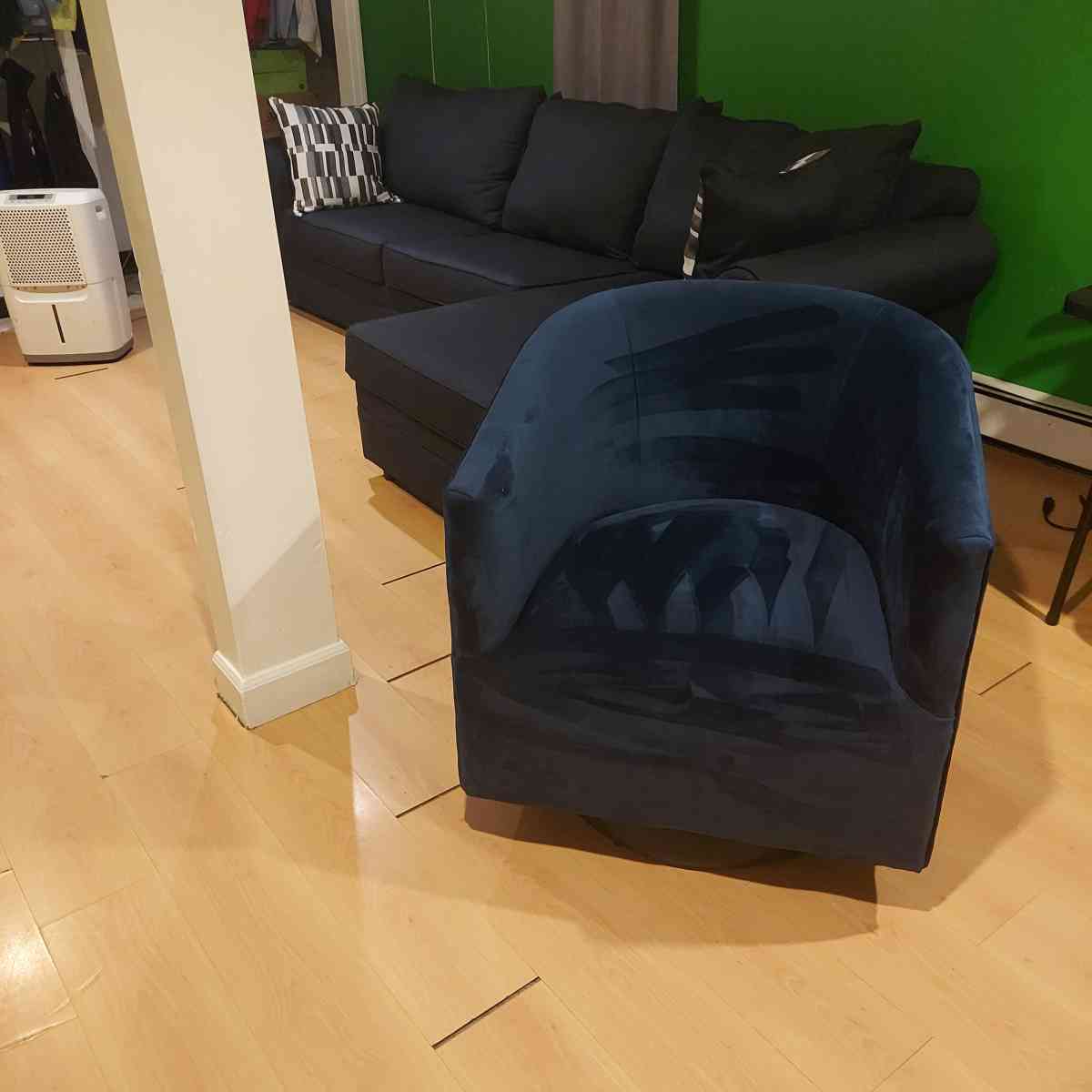 Blue Velour Swivel Couch - Roosevelt, New York