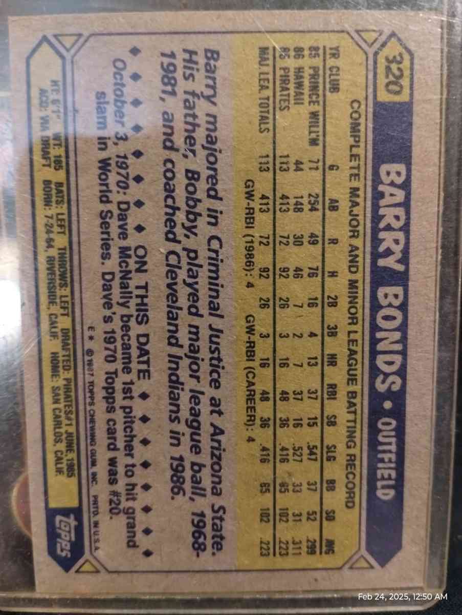 Barry Bonds baseball card Topps 320 - Marianna, Florida - FleaMarketBay