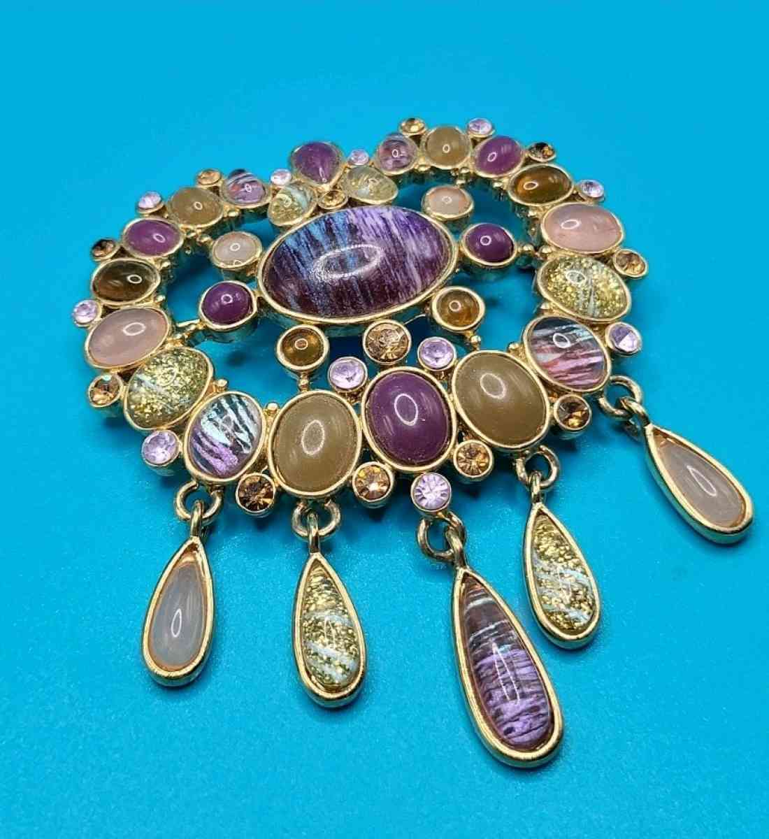 Vintage Heidi Daus Multi Cabochon Beaded Brooch Unsigned - Springfield, Massachusetts - FleaMarketBay