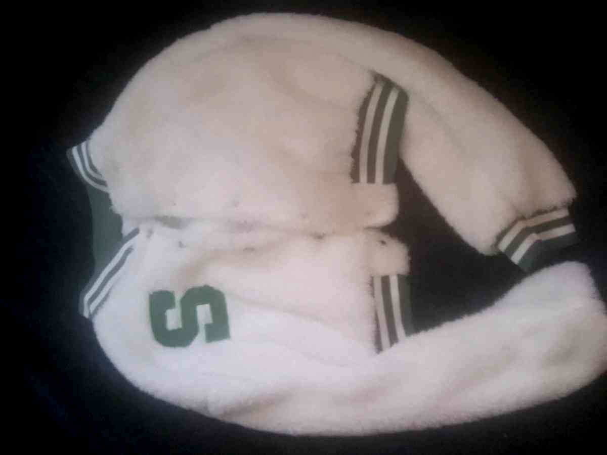 fuzzy white and green crop coat