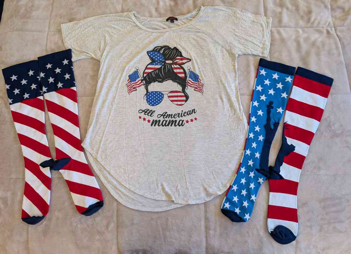 All American Mama tshirt with 2 pairs Tall American socks - Ashtabula, Ohio - FleaMarketBay