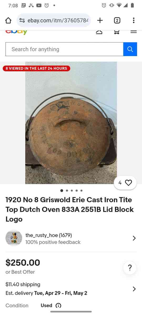 griswold tite top dutch oven 833 patent No 8 - Fruitland Park, Florida - FleaMarketBay