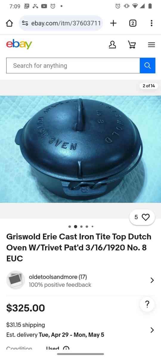 griswold tite top dutch oven 833 patent No 8 - Fruitland Park, Florida - FleaMarketBay