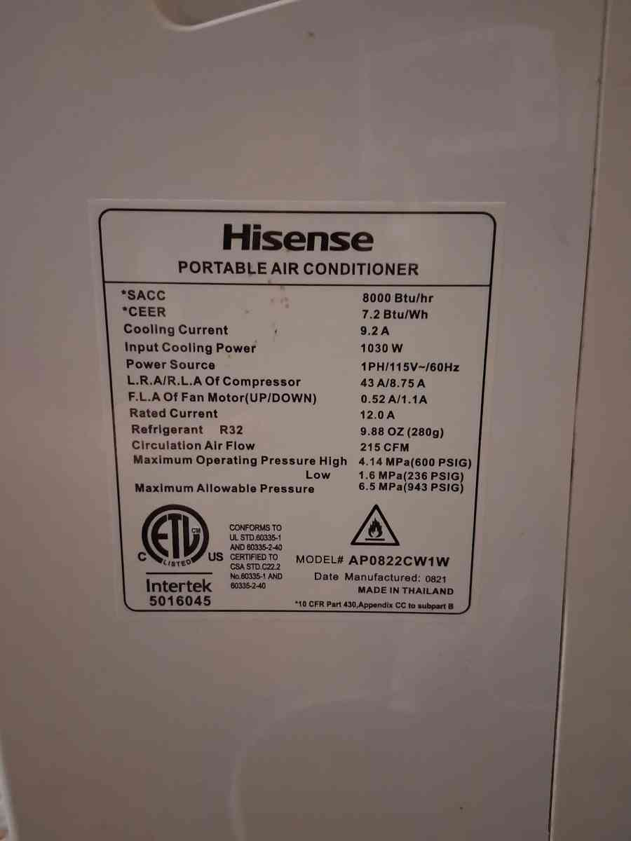 8000 btu Hisense portable air conditioner - Bolivia, North Carolina - FleaMarketBay