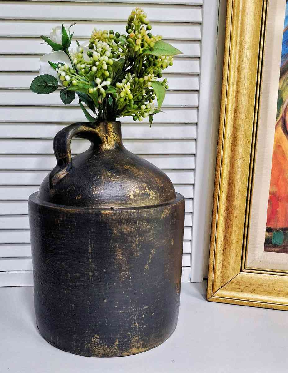 Large Vintage Black  Antique Gold Whiskey Jug - Lunenburg, Massachusetts - FleaMarketBay