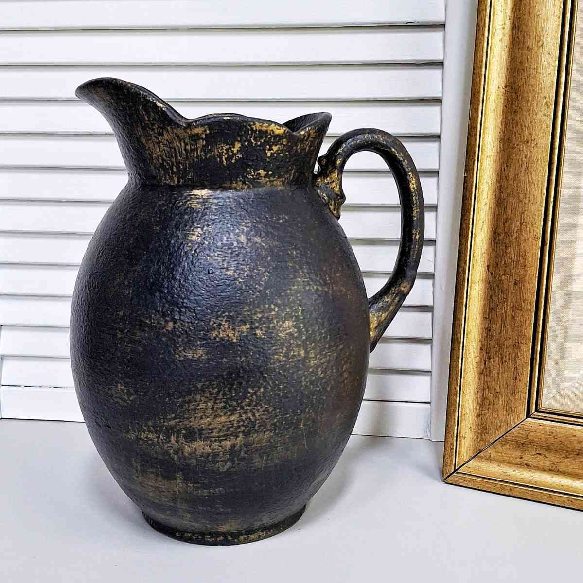 Vintage Black and Gold Ceramic Farmhouse Pitcher - Lunenburg, Massachusetts - FleaMarketBay