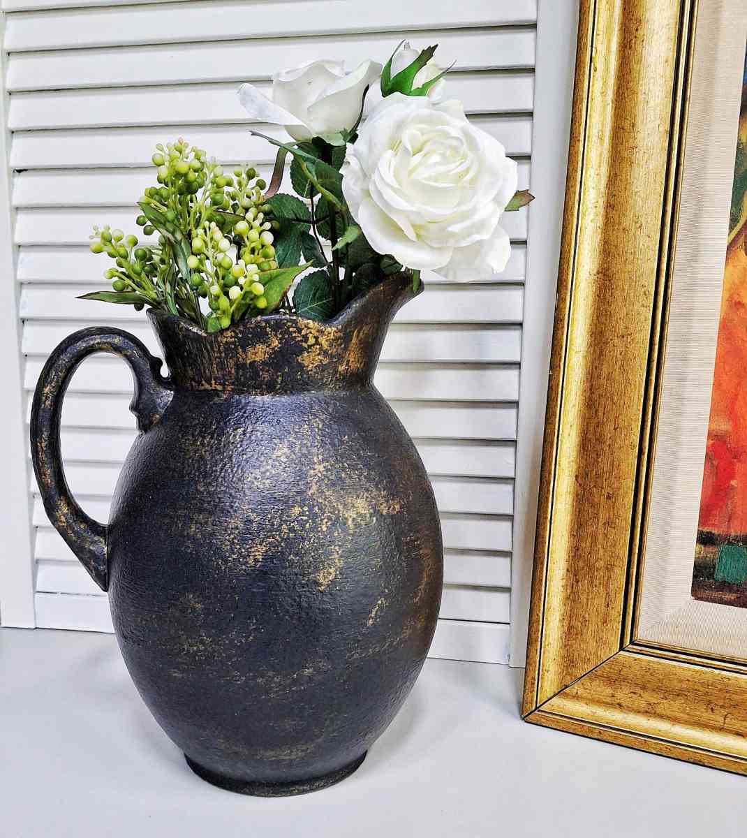 Vintage Black and Gold Ceramic Farmhouse Pitcher - Lunenburg, Massachusetts - FleaMarketBay