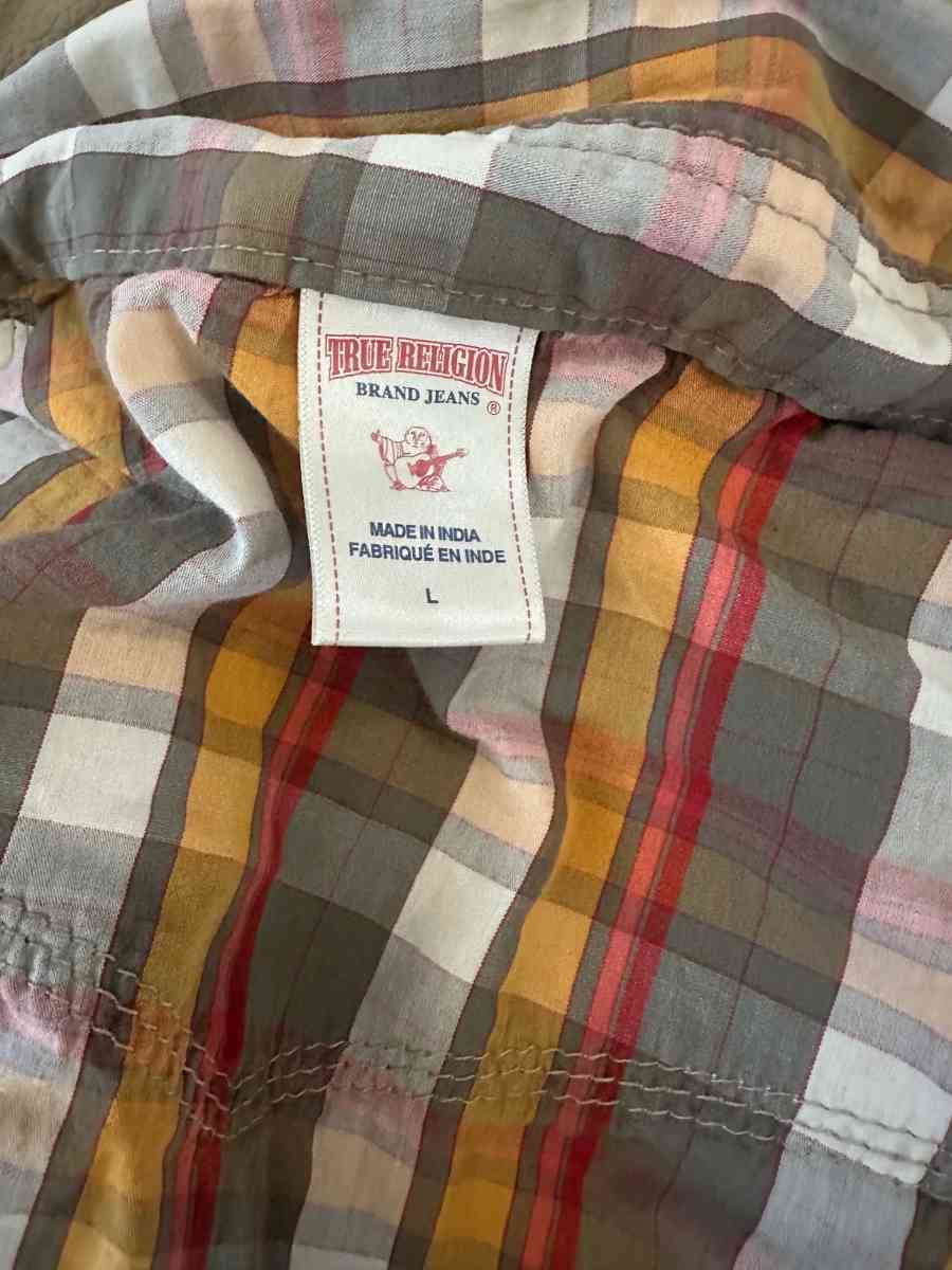 Men true religion plaid mens shirt size Large grey red orang - Garden Grove, California - FleaMarketBay