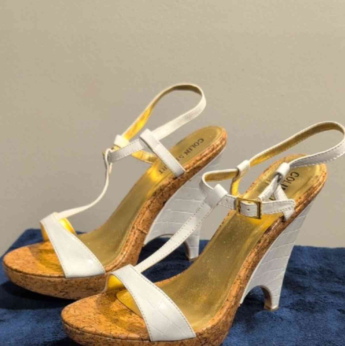 Gold and White Platform Sandals with Cork Wedge size 10 - Baltimore, Ohio - FleaMarketBay