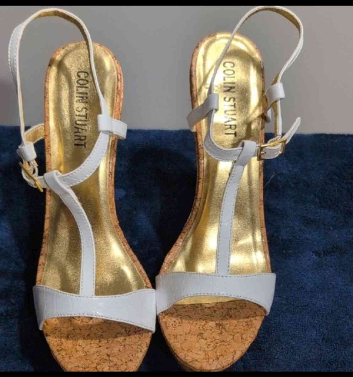 Gold and White Platform Sandals with Cork Wedge size 10 - Baltimore, Ohio - FleaMarketBay