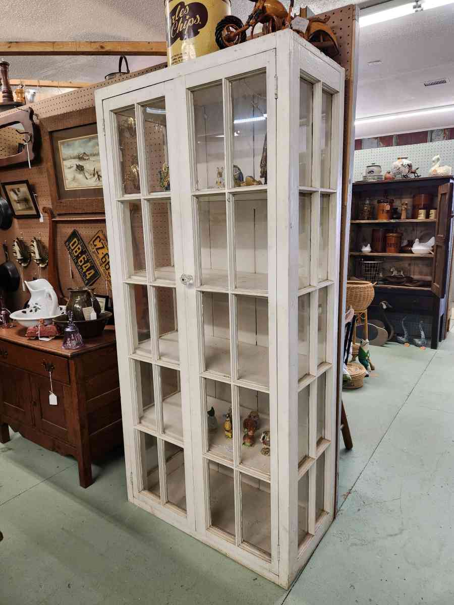 vintage handmade wood glass paned display cabinet bookcase