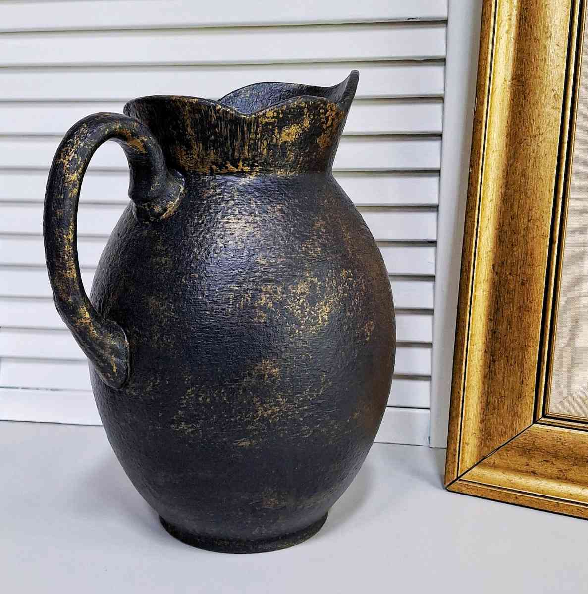 Vintage Black and Gold Ceramic Farmhouse Pitcher - Lunenburg, Massachusetts - FleaMarketBay