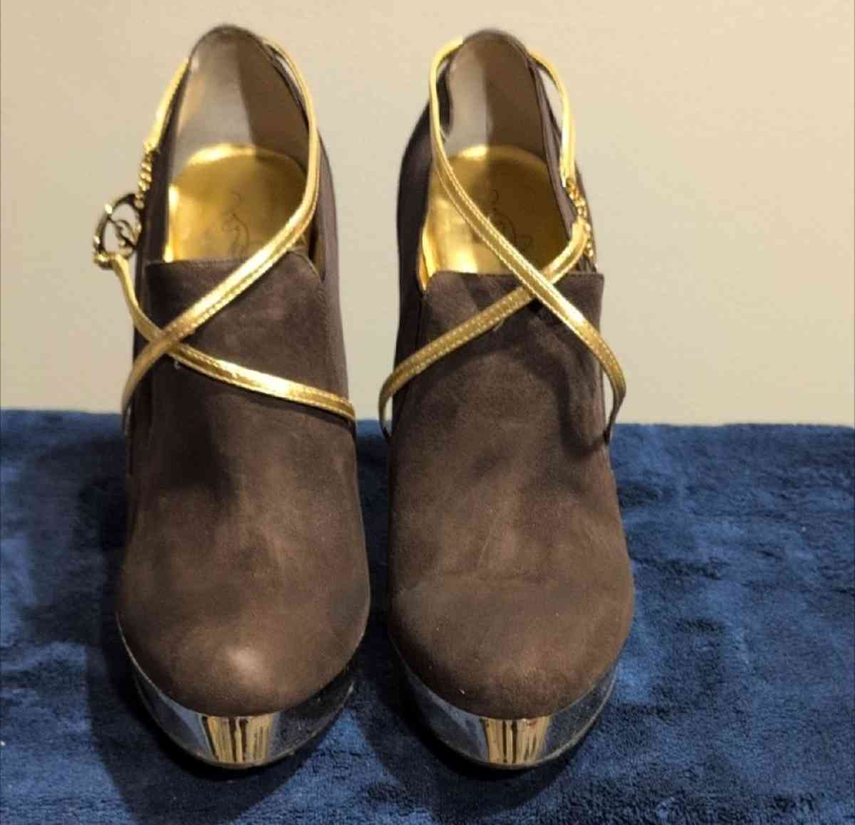 Brown and Gold Heeled Boots with Metallic Straps size 10 - Baltimore, Ohio