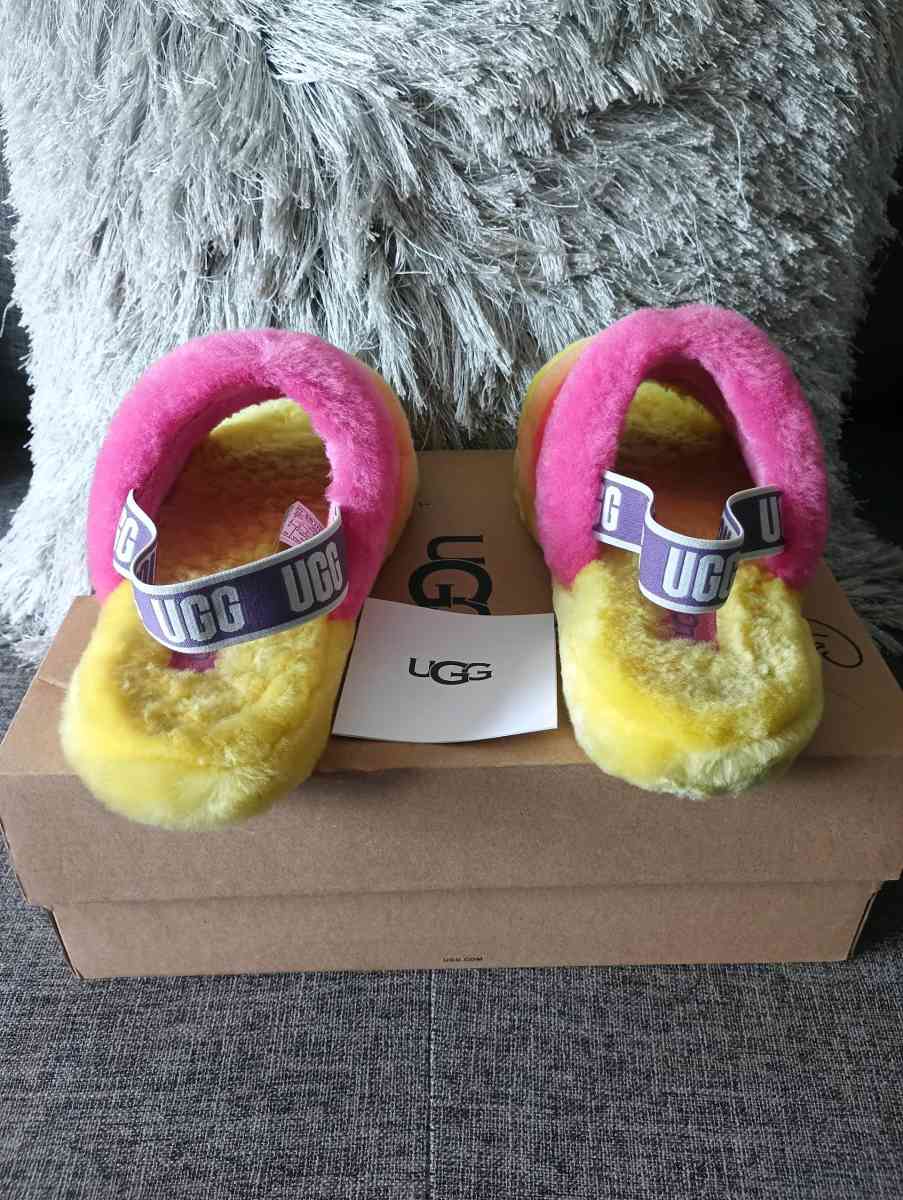 UGG Fluff Yeah Slide Kids Yellow Rainbow size 6 for women - Frostproof, Florida - FleaMarketBay