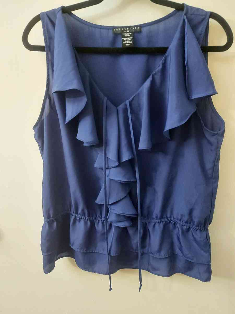 Apostrophe Navy Bow Tie Ruffled Sleeveless Top Size LP Long - Atlanta, Georgia