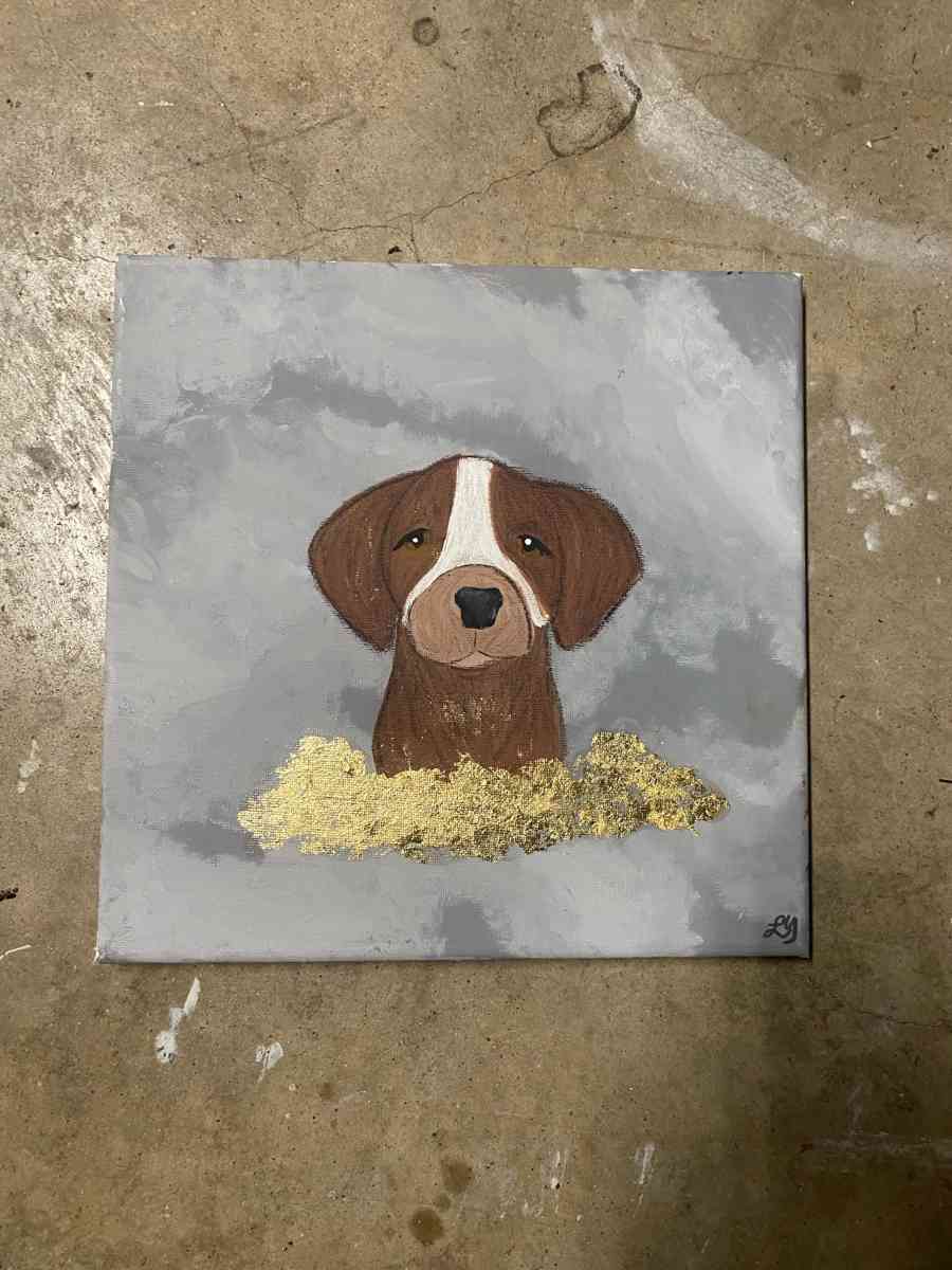 dog on golden clouds painting