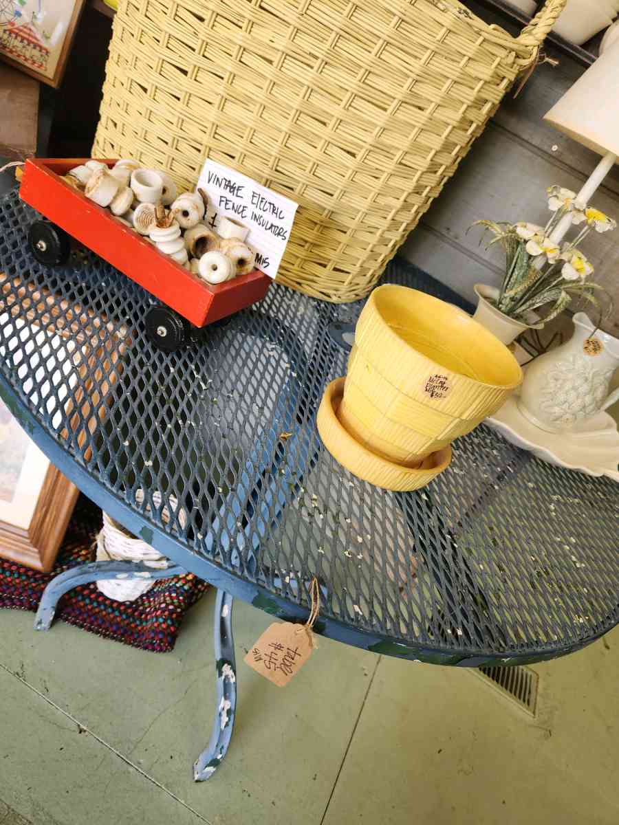35 inch round chippy blue metal table patio porch or sunroom - Alexander, North Carolina - FleaMarketBay
