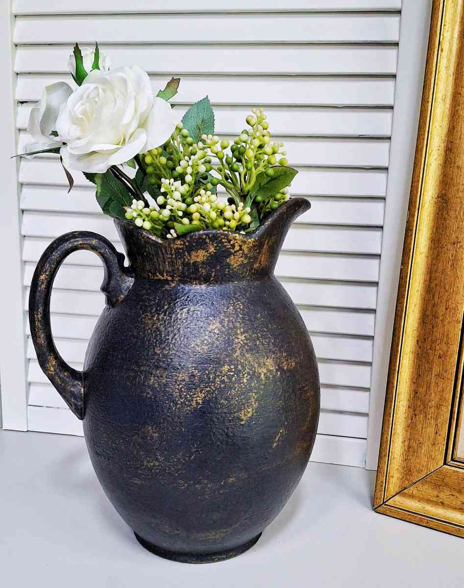 Vintage Black and Gold Ceramic Farmhouse Pitcher - Lunenburg, Massachusetts