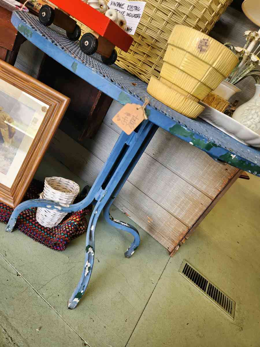 35 inch round chippy blue metal table patio porch or sunroom - Alexander, North Carolina - FleaMarketBay