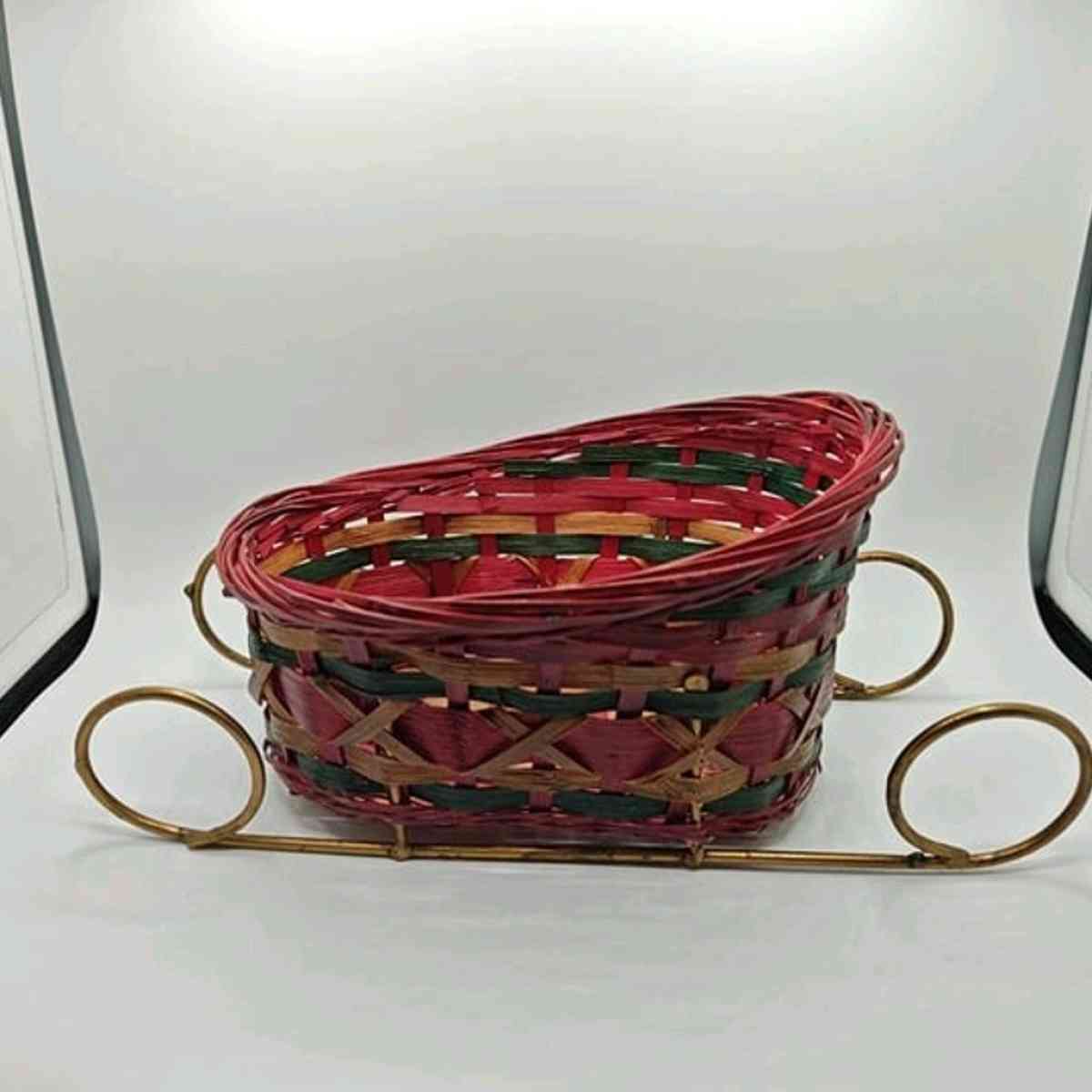 Wicker Christmas Santa Sleigh Red Green  Brown Floral Craft