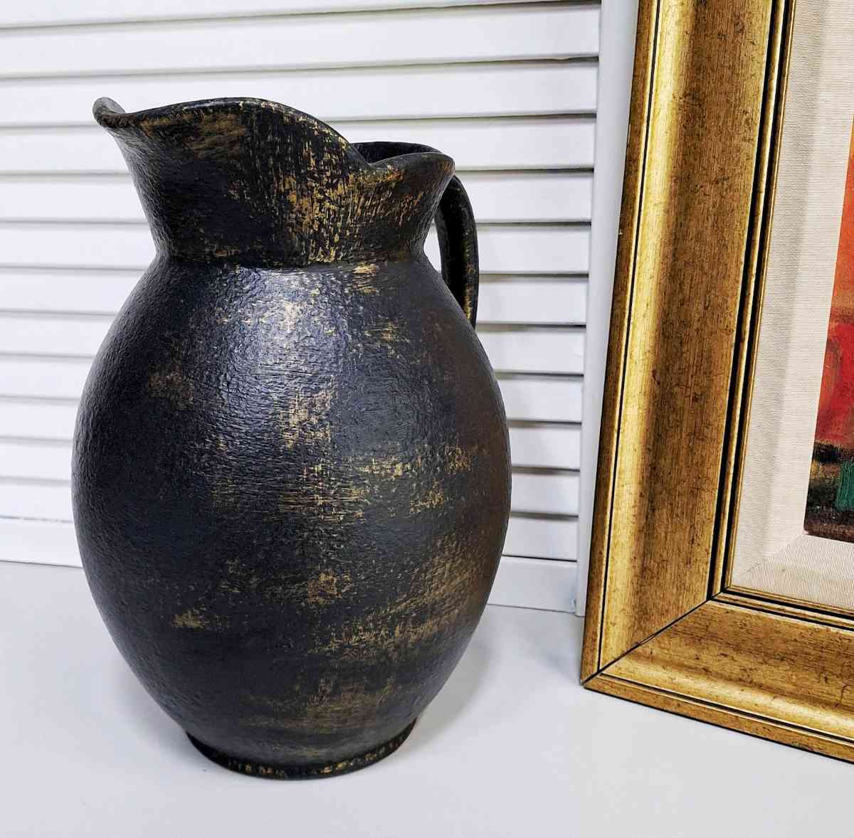 Vintage Black and Gold Ceramic Farmhouse Pitcher - Lunenburg, Massachusetts - FleaMarketBay