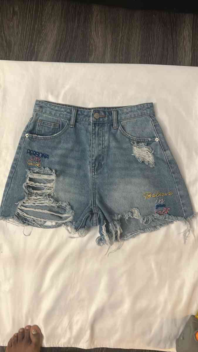 SHEIN High Waist Distressed Embroidered Denim Shorts Size S - Atlanta, Georgia