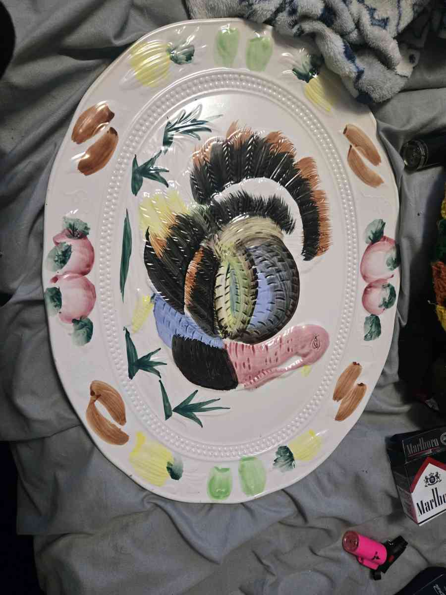 Vintage TURKEY PLATTER  Embossed Ceramic Hand Painted JAPAN - Crittenden, Kentucky - FleaMarketBay