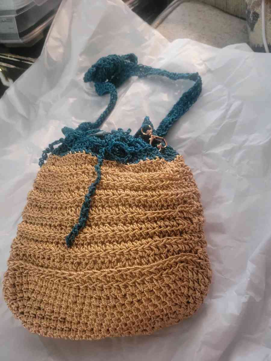 Crochet Teal and Gold  shoulder Strap Tote - Allamuchy, New Jersey