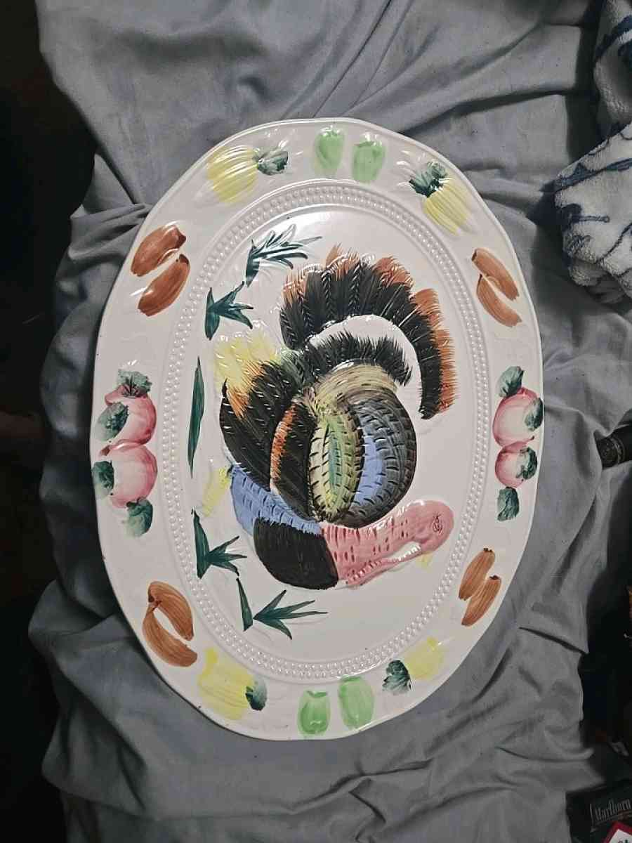 Vintage TURKEY PLATTER  Embossed Ceramic Hand Painted JAPAN - Crittenden, Kentucky - FleaMarketBay