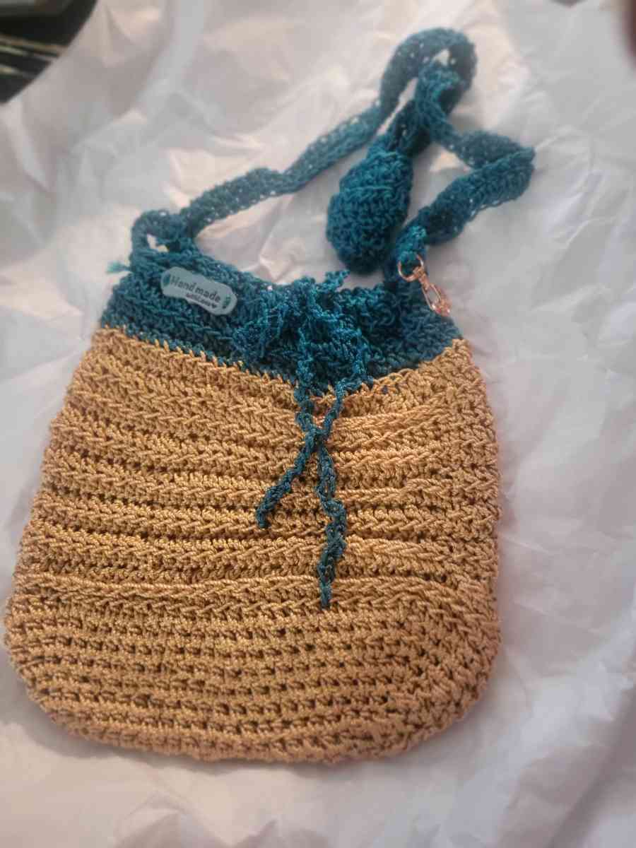 Crochet Teal and Gold  shoulder Strap Tote - Allamuchy, New Jersey - FleaMarketBay