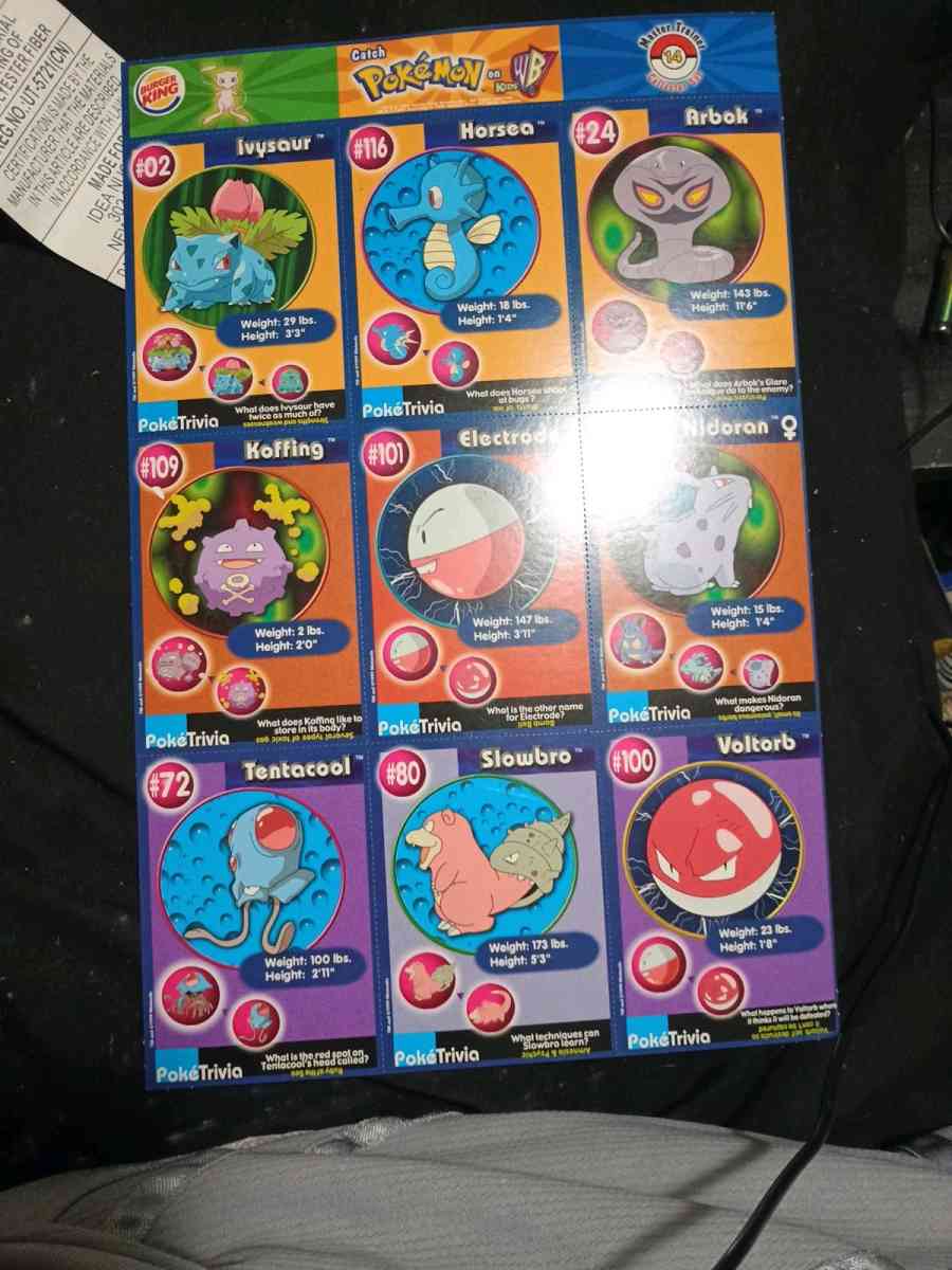 sheets of pokemon cards from burger king - Bellefontaine, Ohio