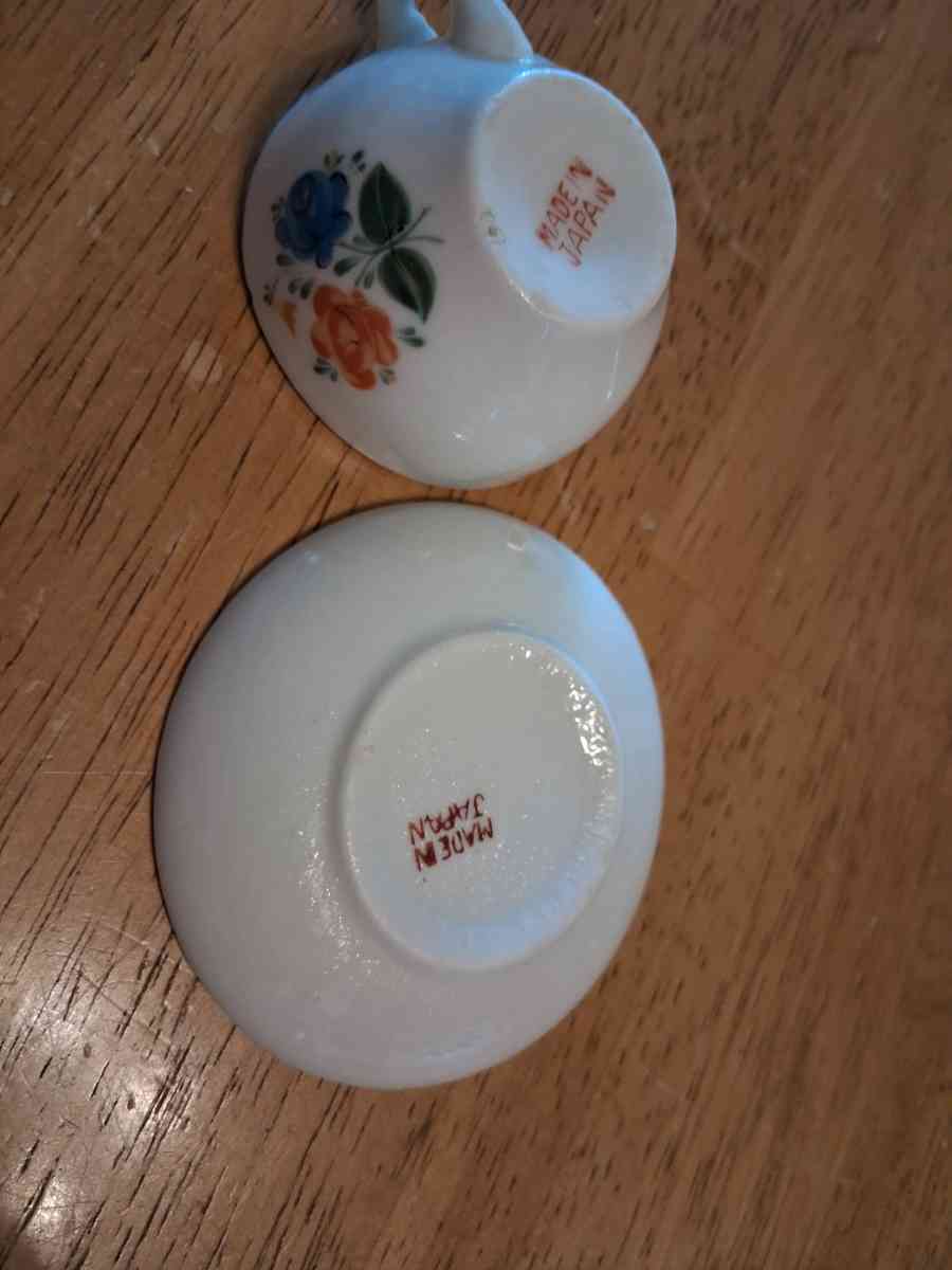 blue and orange flower tiny teacup saucer set - Comstock, Michigan