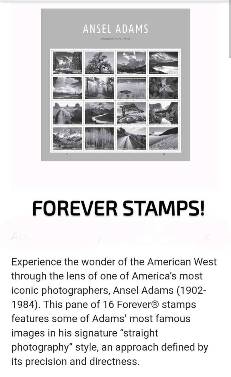 FOREVER STAMPS One lot 26 panes of 16 Beautiful Ansel Adams - Corning, California