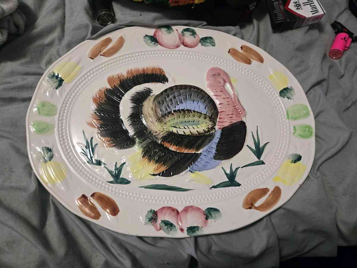 Vintage TURKEY PLATTER  Embossed Ceramic Hand Painted JAPAN - Crittenden, Kentucky - FleaMarketBay