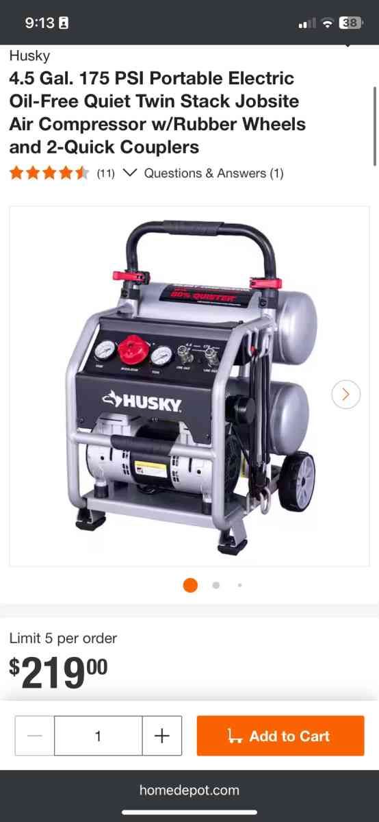 Husky45 Gal 175 PSI Portable Electric OilFree Quiet Twin Sta - Altoona, Pennsylvania