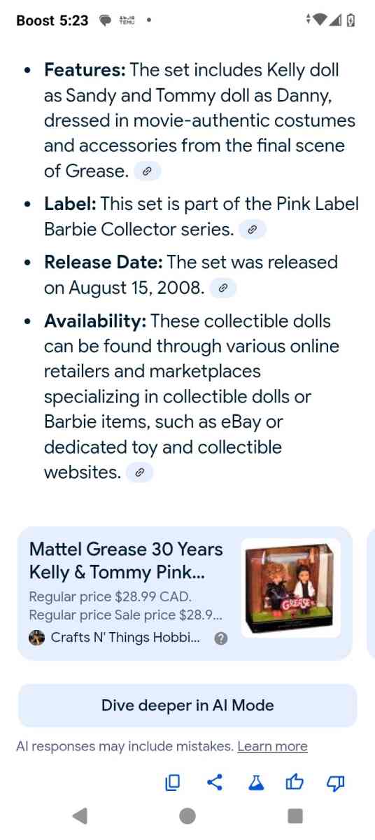 30 year of the movie Grease featuring Sandy and Danny dolls - Akron, Ohio - FleaMarketBay