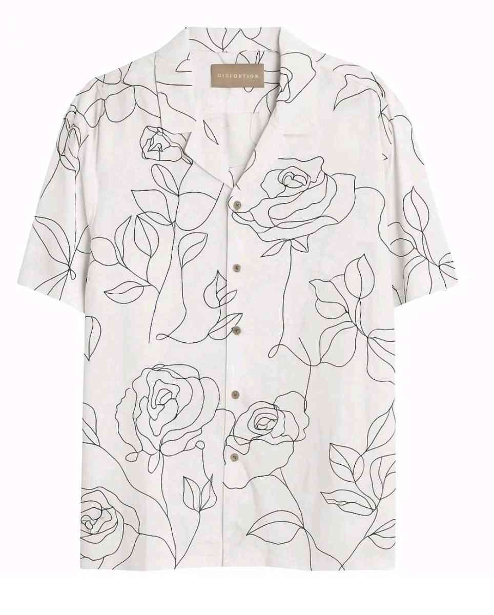 Distortion Mens Floral Line Art ButtonUp Shirt  Size L - Acton, Massachusetts - FleaMarketBay