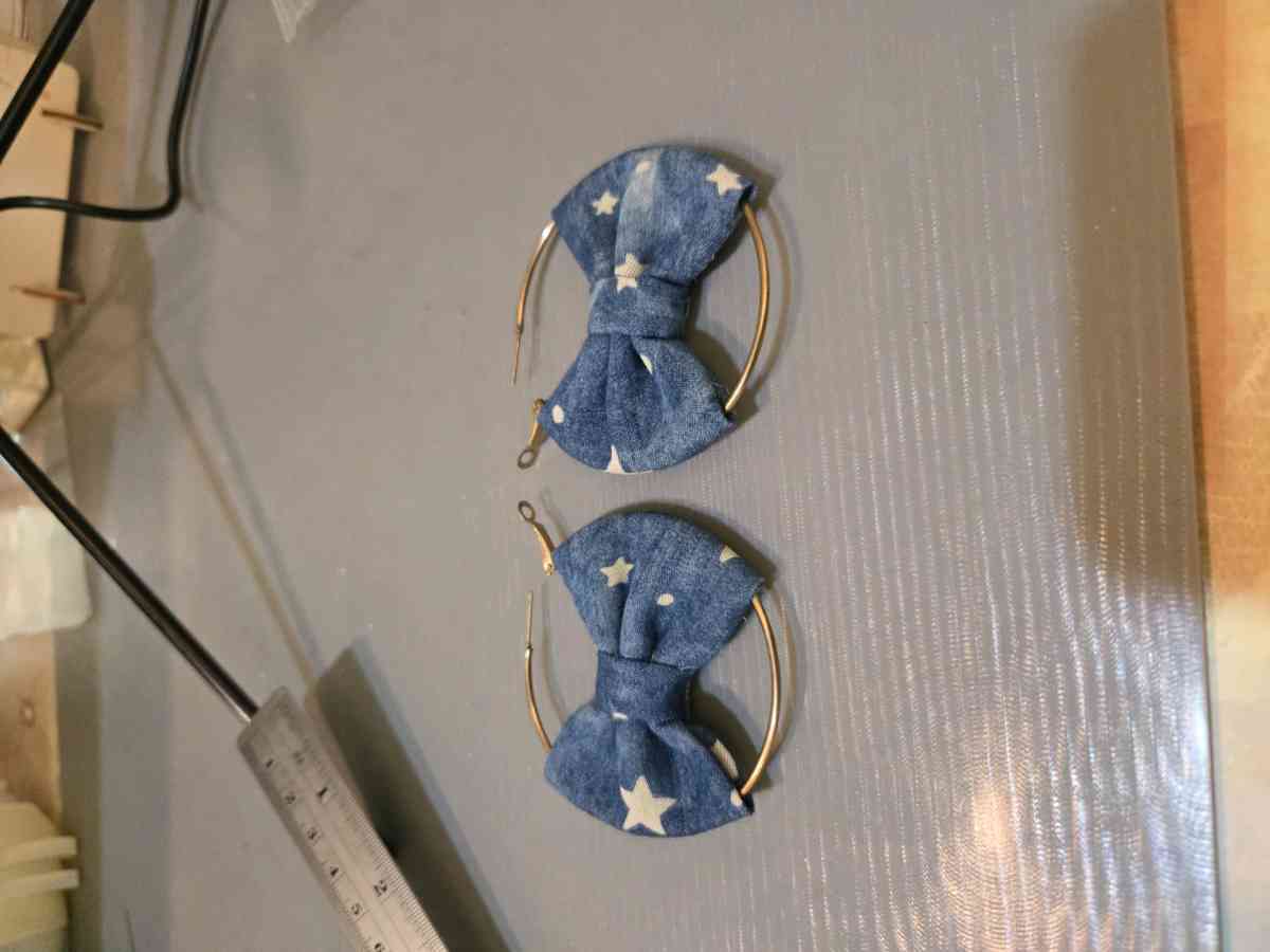Blue and white bow denim style hoop earrings kawaii cutejewe - Achilles, Virginia