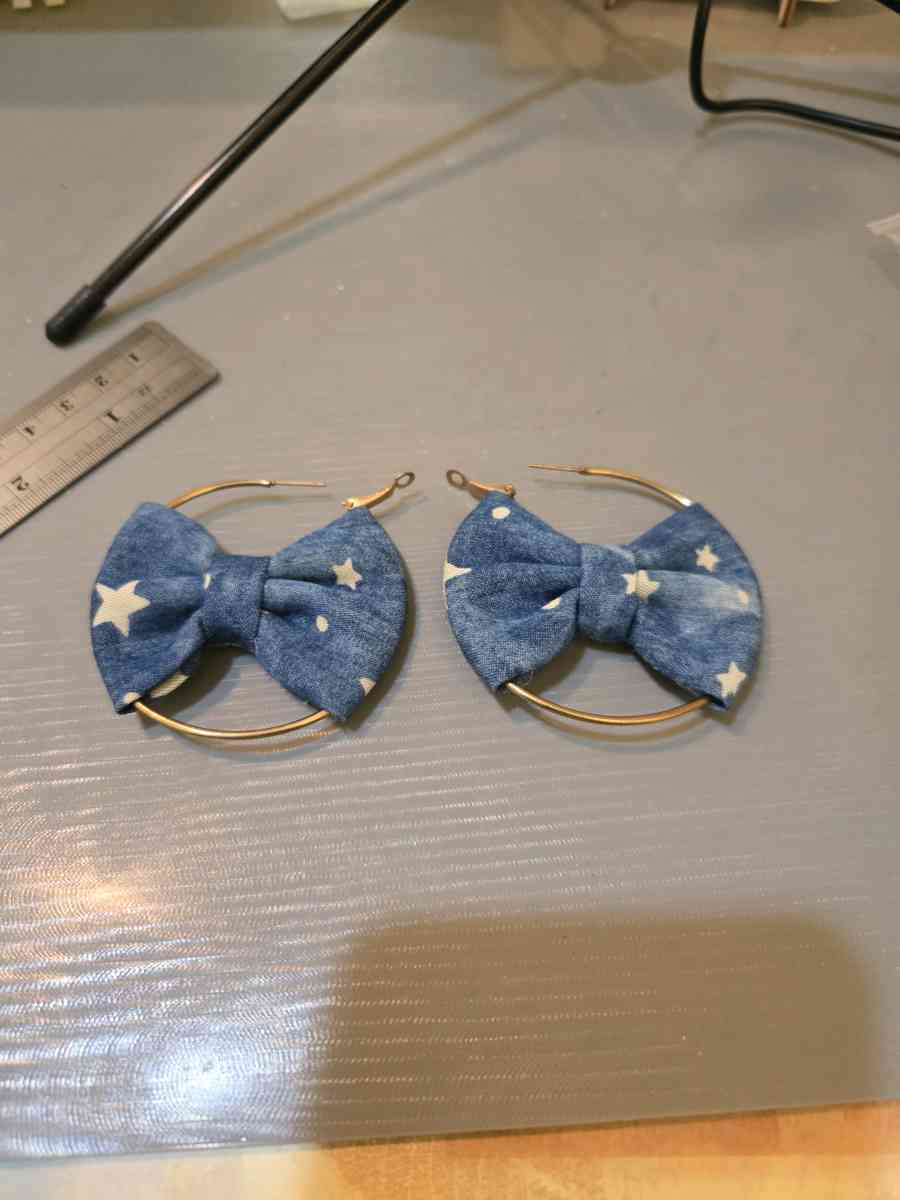 Blue and white bow denim style hoop earrings kawaii cutejewe - Achilles, Virginia - FleaMarketBay