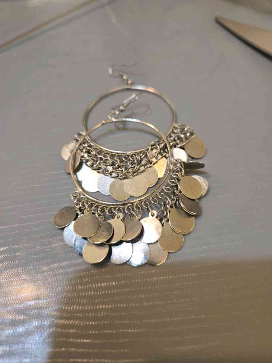 Oxidised Silver hoop earrings with silver coin accents festi - Sterling, Virginia