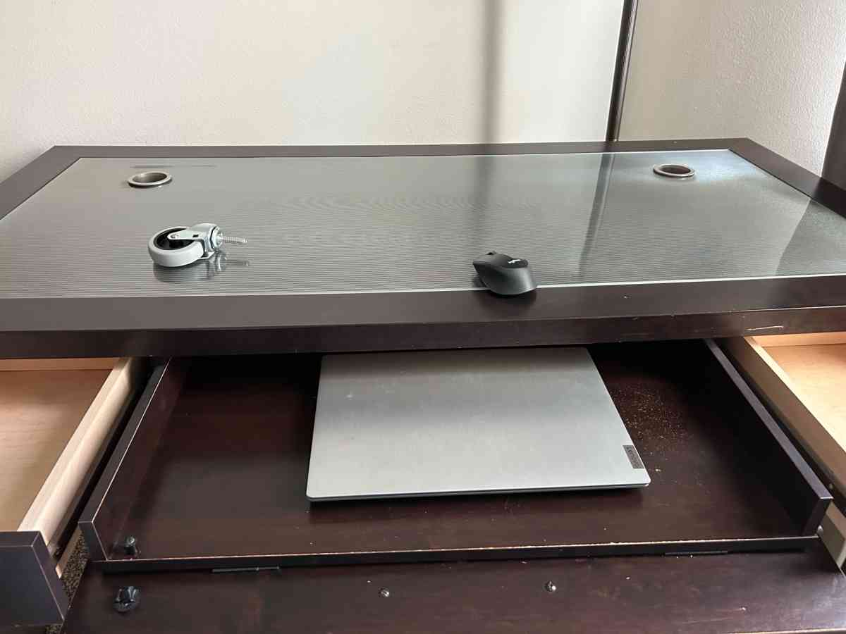 Glass Top Office Desk with Dark Wood Frame - Austin, Texas - FleaMarketBay