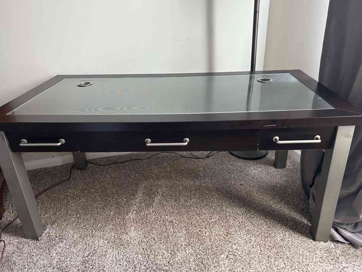 Glass Top Office Desk with Dark Wood Frame