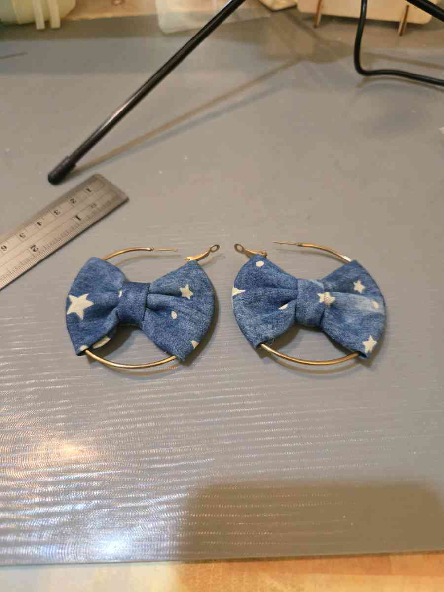 Blue and white bow denim style hoop earrings kawaii cutejewe - Achilles, Virginia - FleaMarketBay