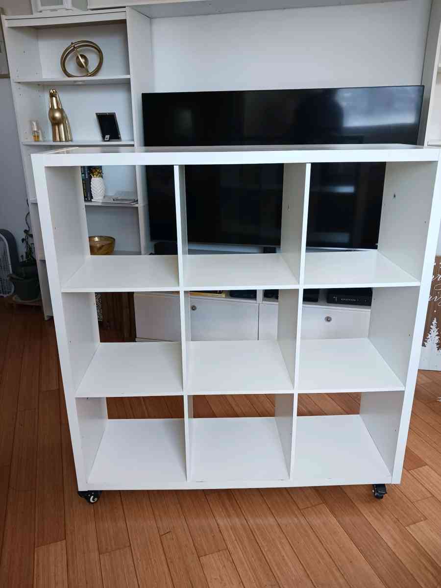 White Bookshelf on Wheels  9 Cube Storage Scratches  Holes