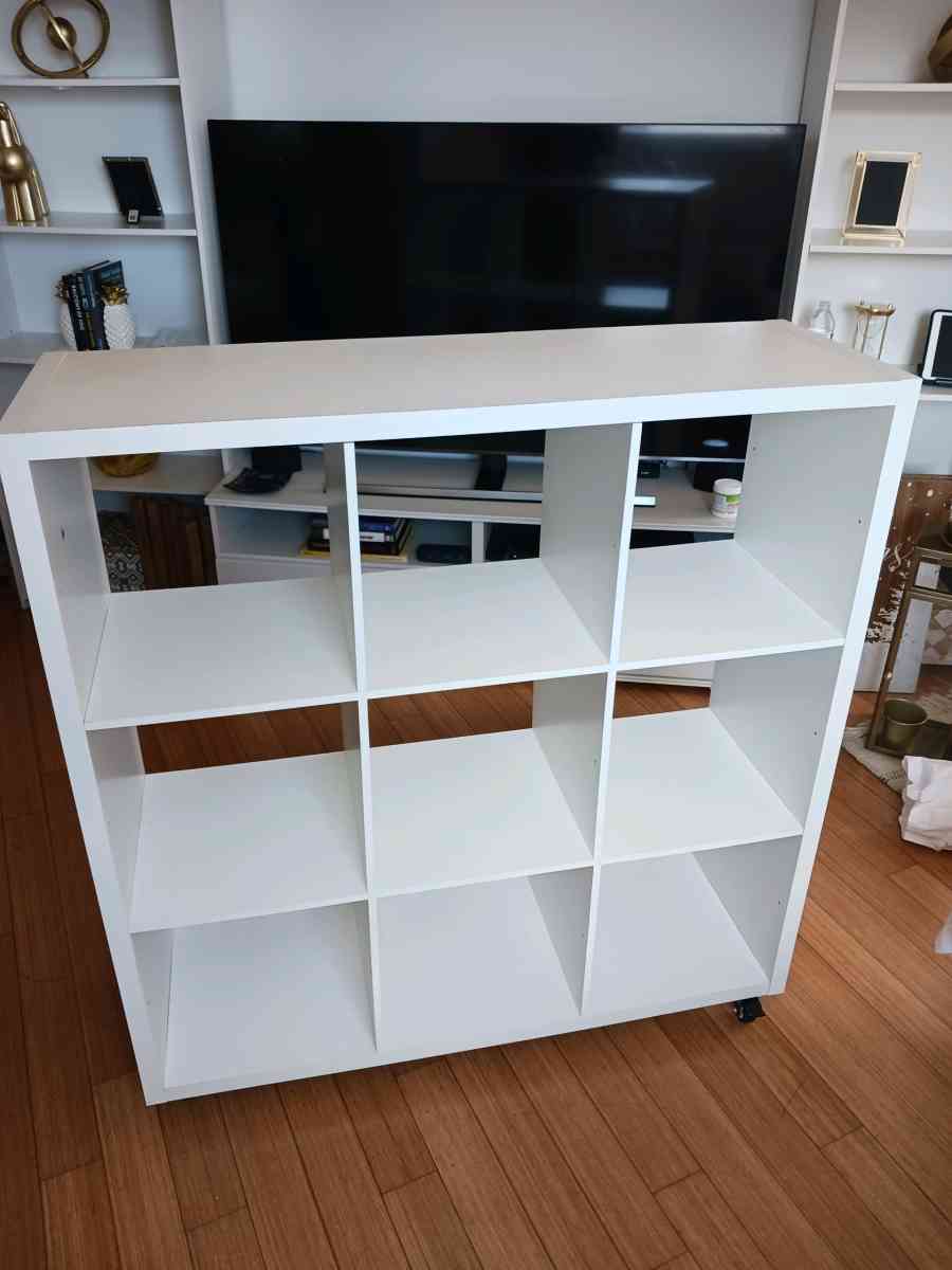 White Bookshelf on Wheels  9 Cube Storage Scratches  Holes - Bronx, New York - FleaMarketBay