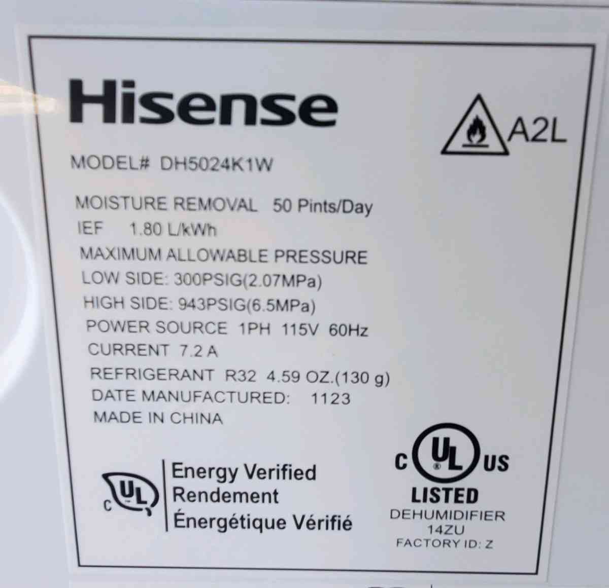 Hisense  Dehumidifier  19 Gallon  50 PintsDay  2 Speed  Ener - Plano, Texas - FleaMarketBay