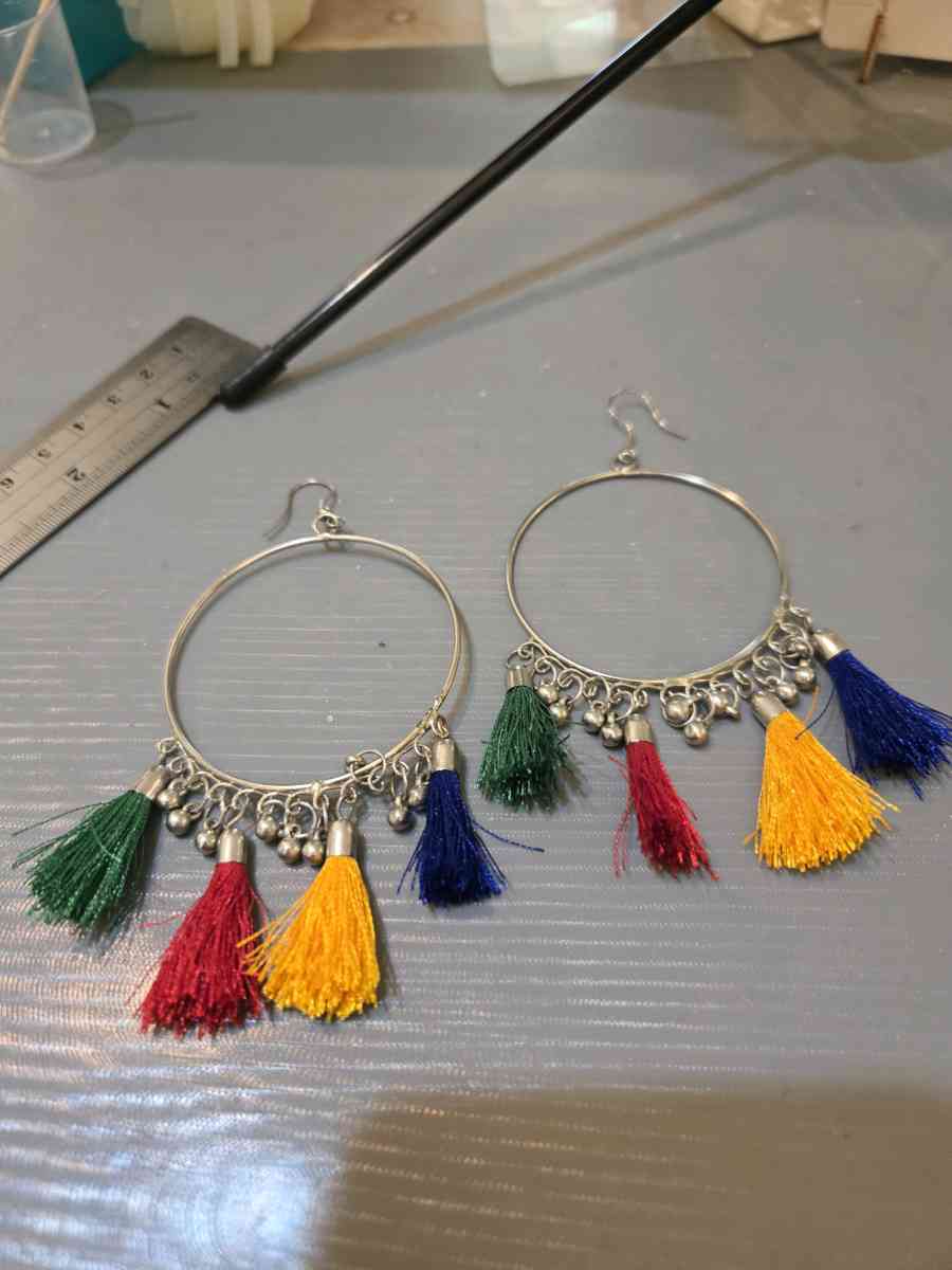 Colourful tassel earrings with silver hoops festivalvibes - Achilles, Virginia