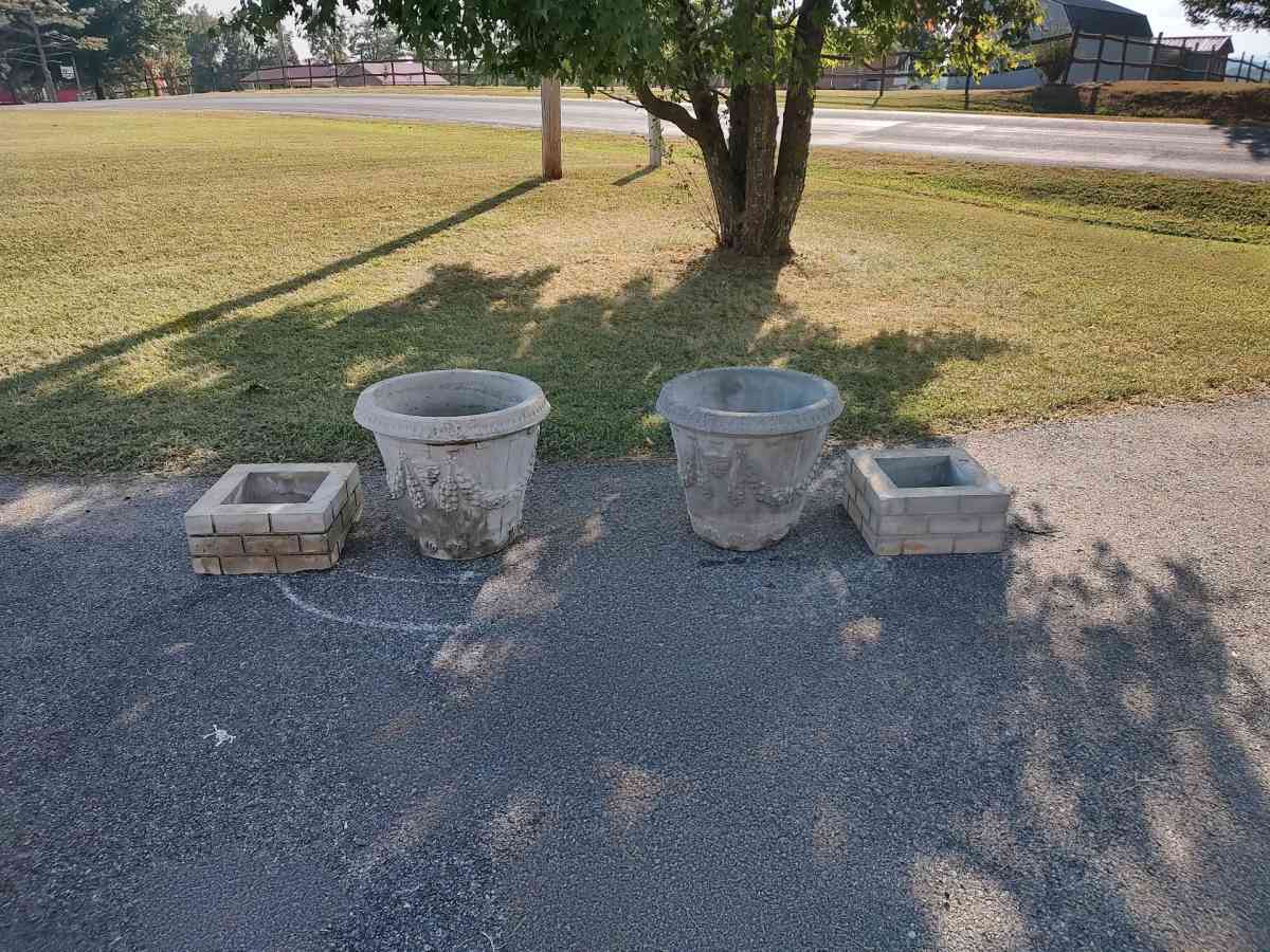two concrete planters with square stands - Glade Hill, Virginia